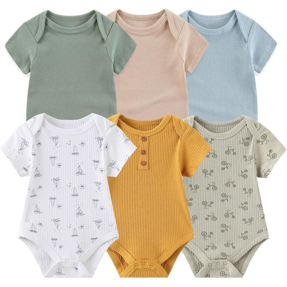 imageBaby Bodysuit 6 Pack Soft Mixed Ribbed Short Sleeve Romper Infant Boy Girl Clothes SetBaby Bodysuit 6piece SolidBicycleBoat