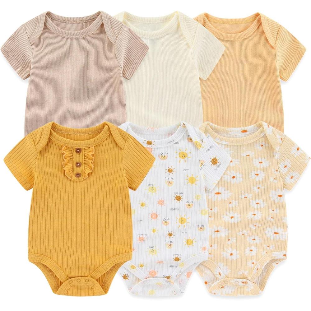 imageBaby Bodysuit 6 Pack Soft Mixed Ribbed Short Sleeve Romper Infant Boy Girl Clothes SetBaby Bodysuit 6piece SolidYellowFlower