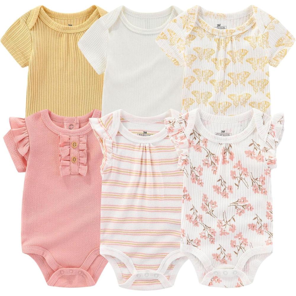 imageBaby Bodysuit 6 Pack Soft Mixed Ribbed Short Sleeve Romper Infant Boy Girl Clothes SetBaby Bodysuit 6piece YellowButterflyFlower