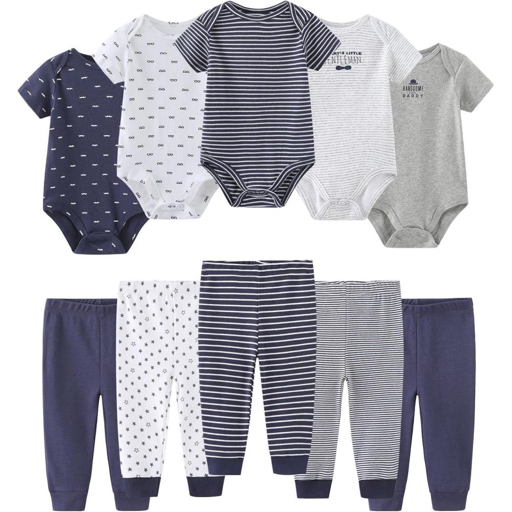 imageBaby Bodysuit and Pant Set 10pcs Cotton Soft Newborn Boy Girl Clothes OutfitsBowtie Navy Blue Set 10 Pieces