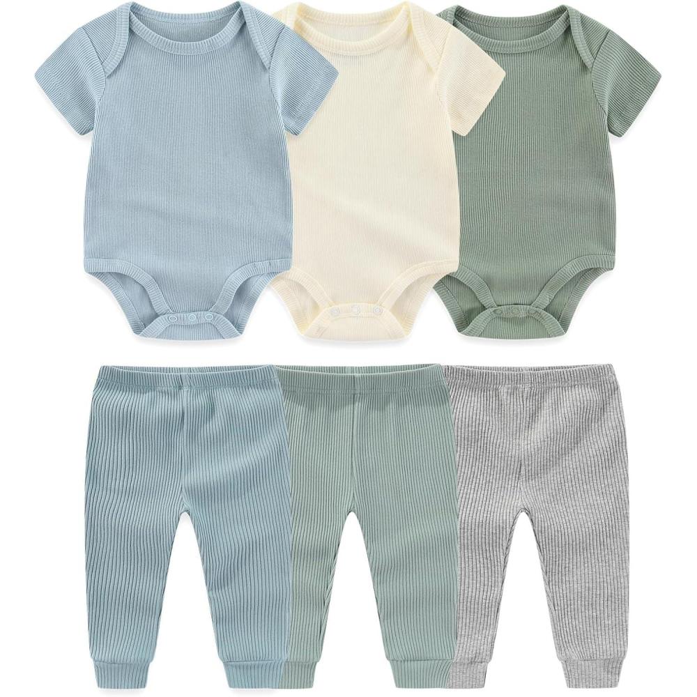 imageBaby Bodysuit and Pant Set 6pcs Ribbed Soft Infant Boy Girl Clothes OutfitsBeige Blue Green Set 6 Pieces