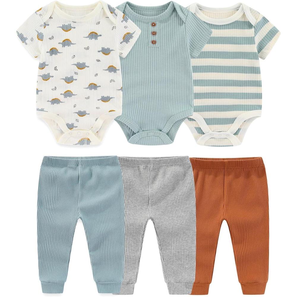 imageBaby Bodysuit and Pant Set 6pcs Ribbed Soft Infant Boy Girl Clothes OutfitsDinosaur Grey Blue Set 6 Pieces