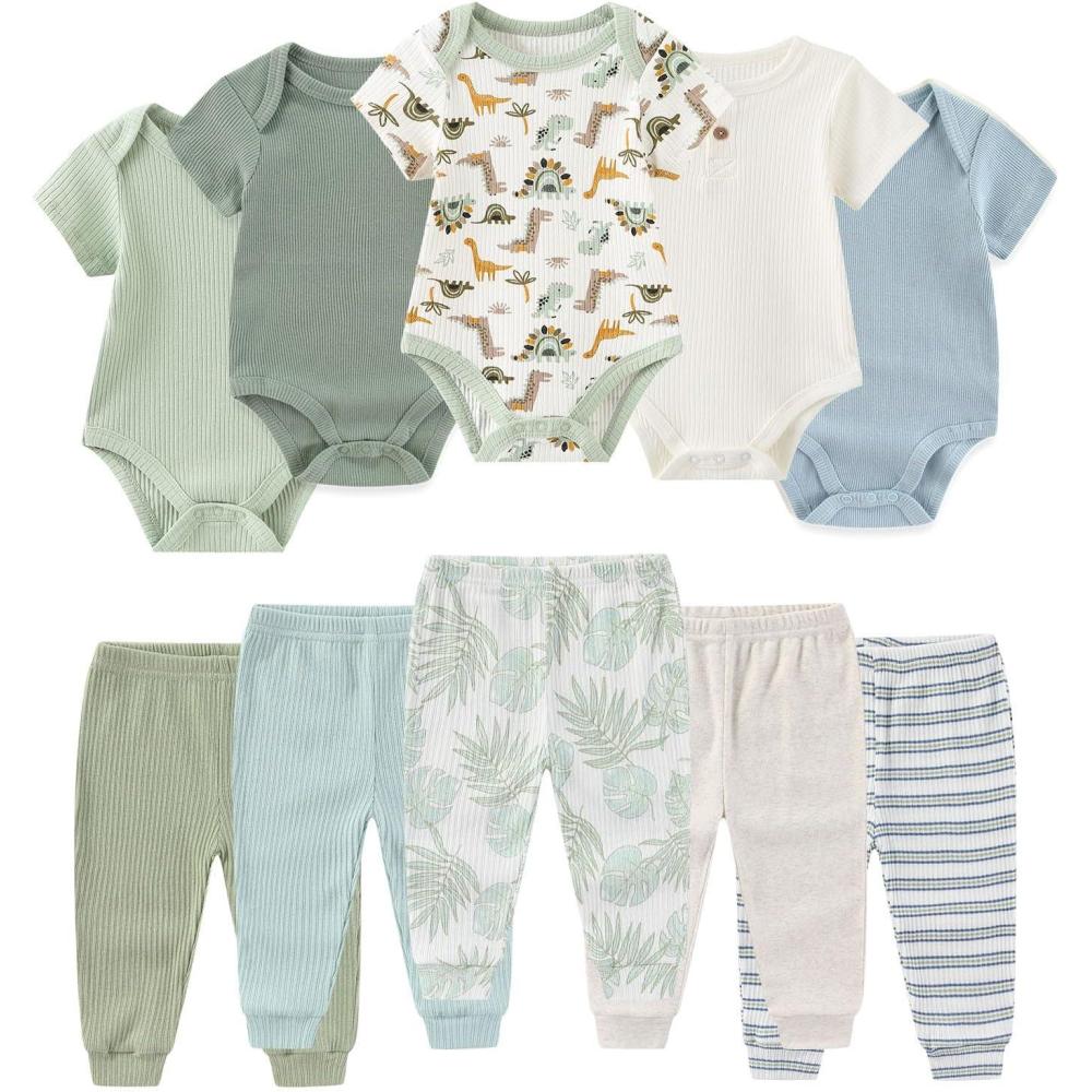 imageBaby Bodysuit and Pant Set Summer Ribbed Mix Match Infant Boy Girl Clothes OutfitsSage Green Dinosaur Ribbed 10 Pieces