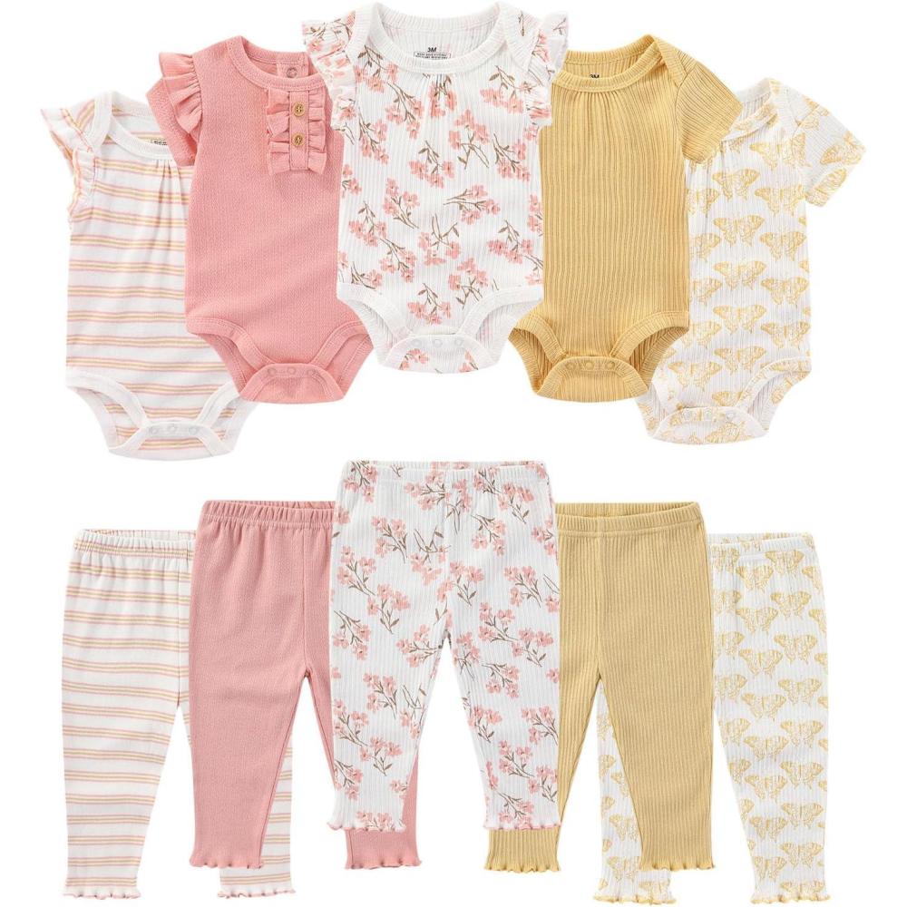 imageBaby Bodysuit and Pant Set Summer Ribbed Mix Match Infant Boy Girl Clothes OutfitsYellow Butterfly Ribbed 10 Pieces