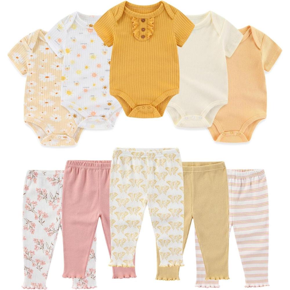 imageBaby Bodysuit and Pant Set Summer Ribbed Mix Match Infant Boy Girl Clothes OutfitsYellow Sunshine Ribbed 10 Pieces
