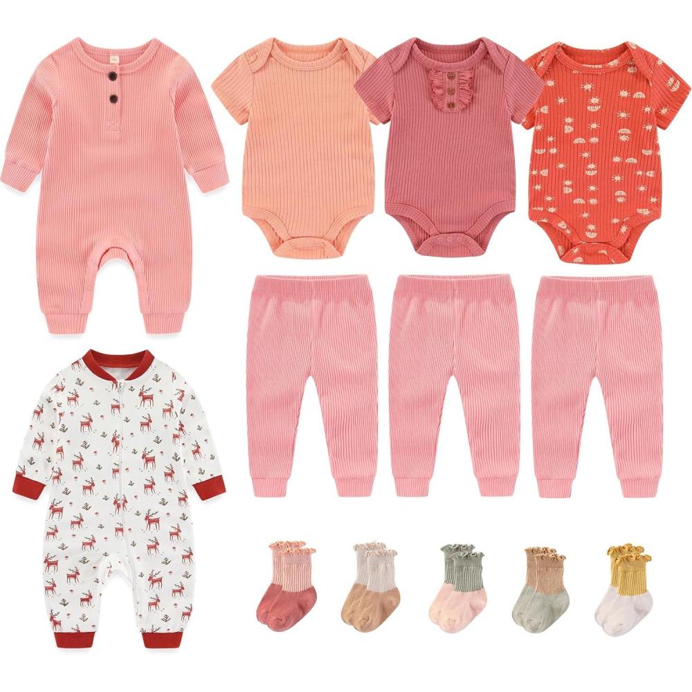imageBaby Bodysuit and Pant Sets Ribbed Romper Soft Newborn Boy Girl Clothes Outfits Layette Gift SetCoral Pink Ribbed Set  Deer