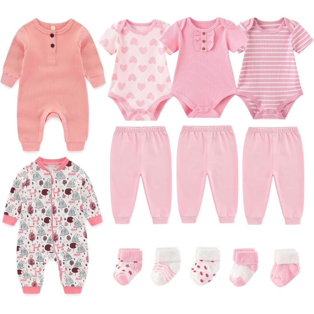 imageBaby Bodysuit and Pant Sets Ribbed Romper Soft Newborn Boy Girl Clothes Outfits Layette Gift SetFoxPinkStripe