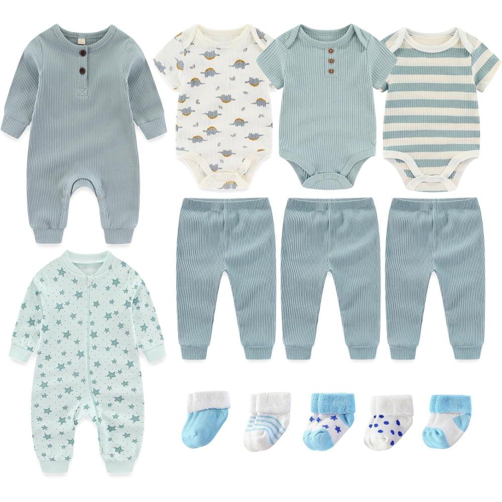 imageBaby Bodysuit and Pant Sets Ribbed Romper Soft Newborn Boy Girl Clothes Outfits Layette Gift SetGray Blue Ribbed Set Starfish