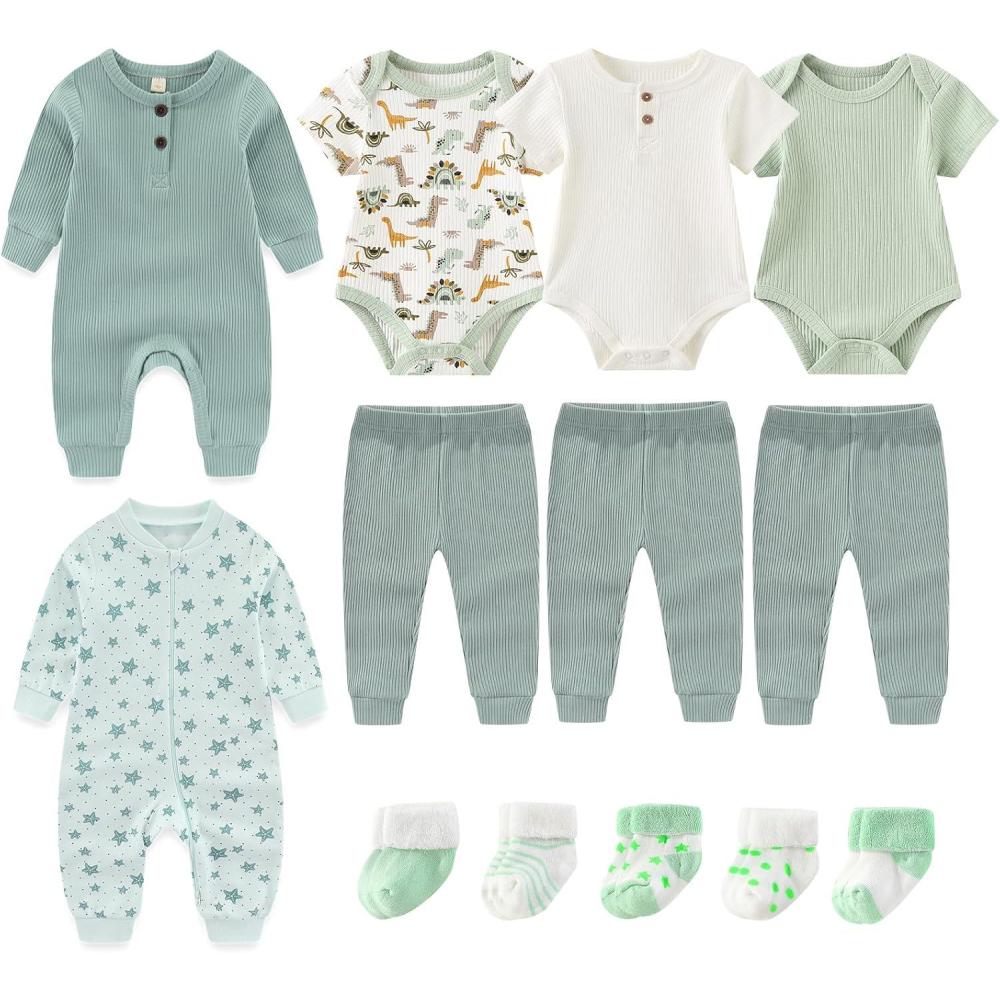 imageBaby Bodysuit and Pant Sets Ribbed Romper Soft Newborn Boy Girl Clothes Outfits Layette Gift SetSage Green Ribbed Set Starfish