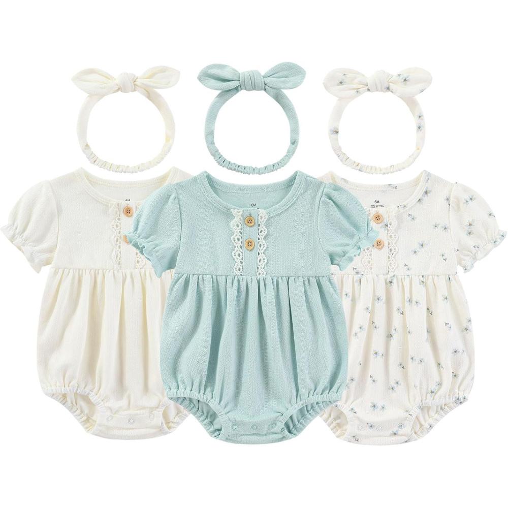 imageBaby Girl Outfit Cotton Bubble Romper Floral Dress Infant Girls Clothes 3packBlue FloralBlueBeige Shortsleeved