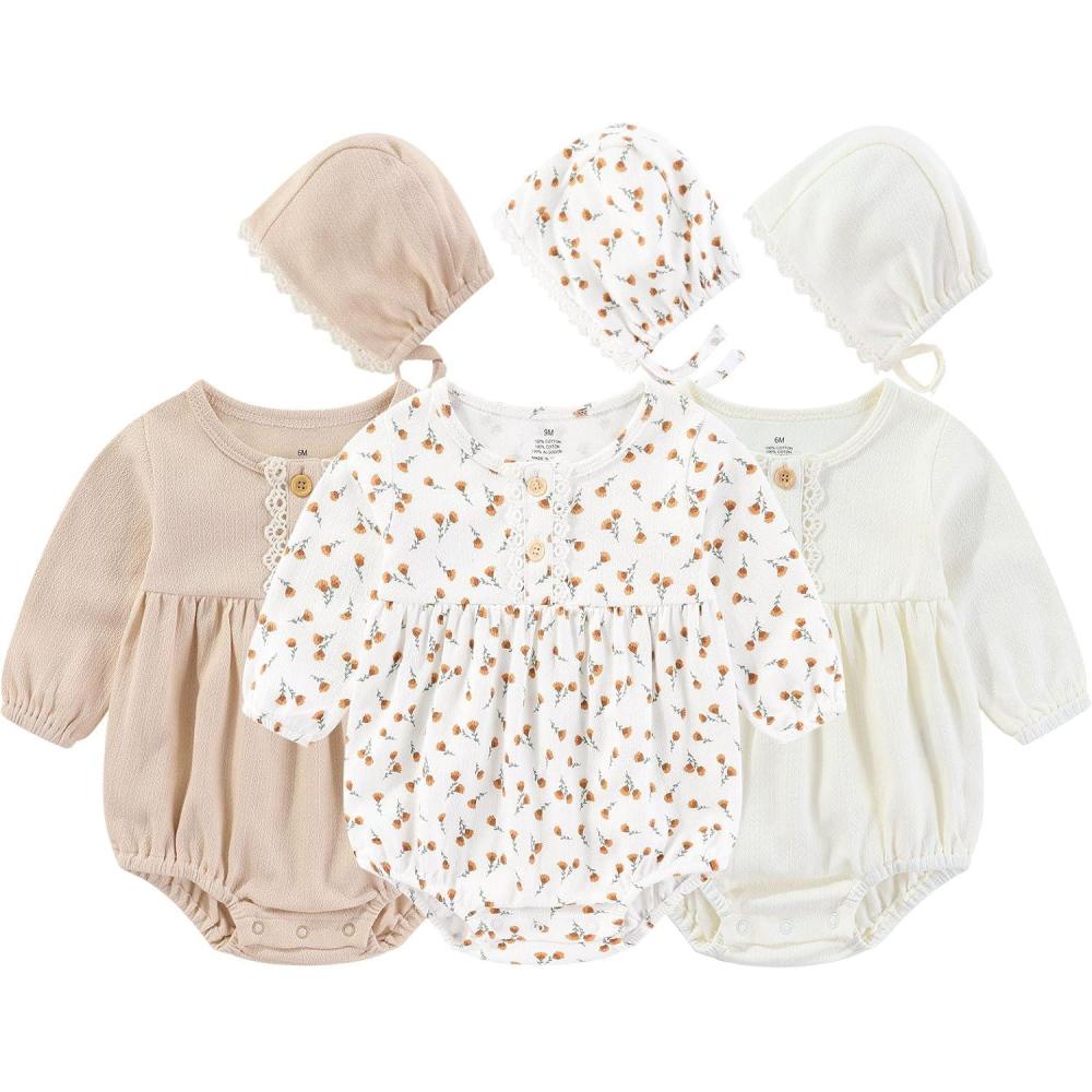 imageBaby Girl Outfit Cotton Bubble Romper Floral Dress Infant Girls Clothes 3packLongsleeved BeigeOrange FloralLight Khaki