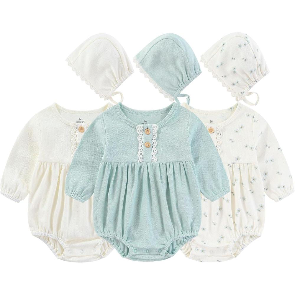 imageBaby Girl Outfit Cotton Bubble Romper Floral Dress Infant Girls Clothes 3packLongsleeved Blue FloralBlueBeige