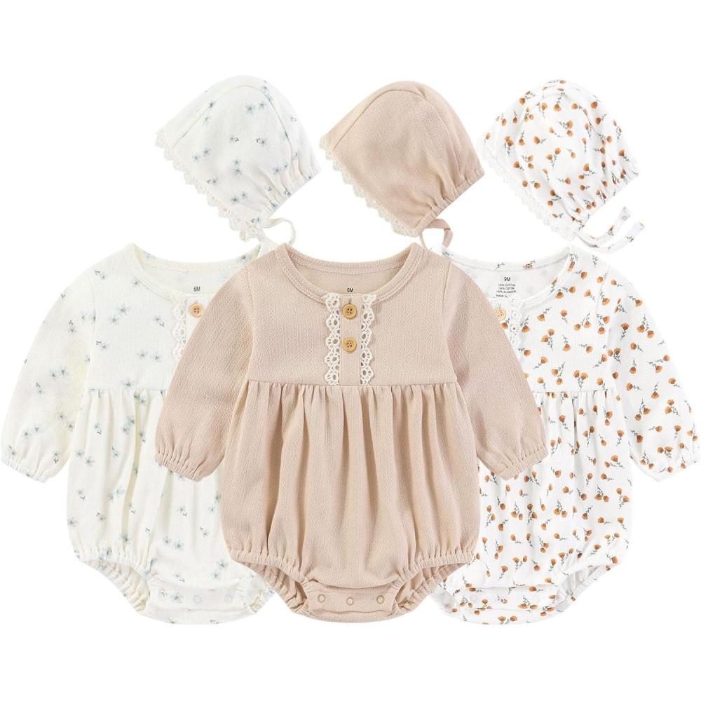 imageBaby Girl Outfit Cotton Bubble Romper Floral Dress Infant Girls Clothes 3packLongsleeved Orange FloralLight KhakiBlue Floral