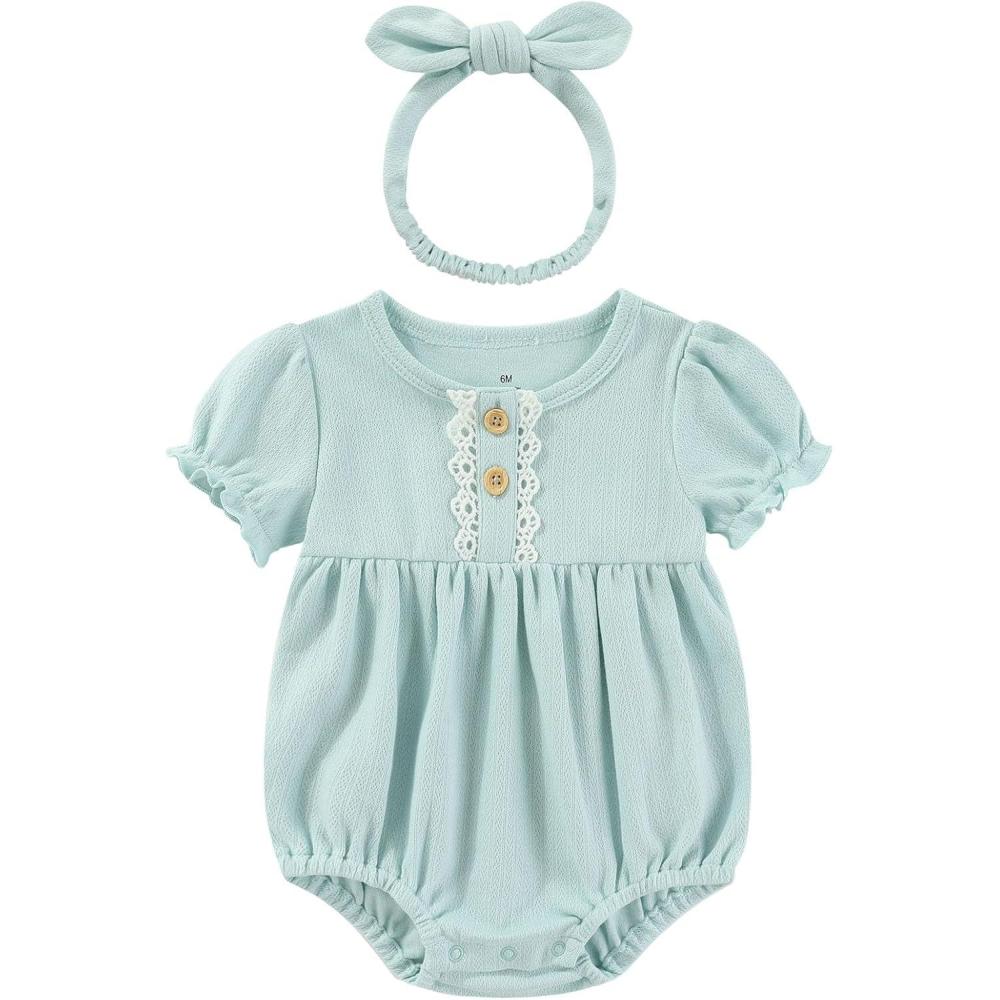 imageBaby Girls Clothes Set Cotton Floral Bodysuit Dress with Headpiece for 324 MonthsBlue Jumpsuit  Bow
