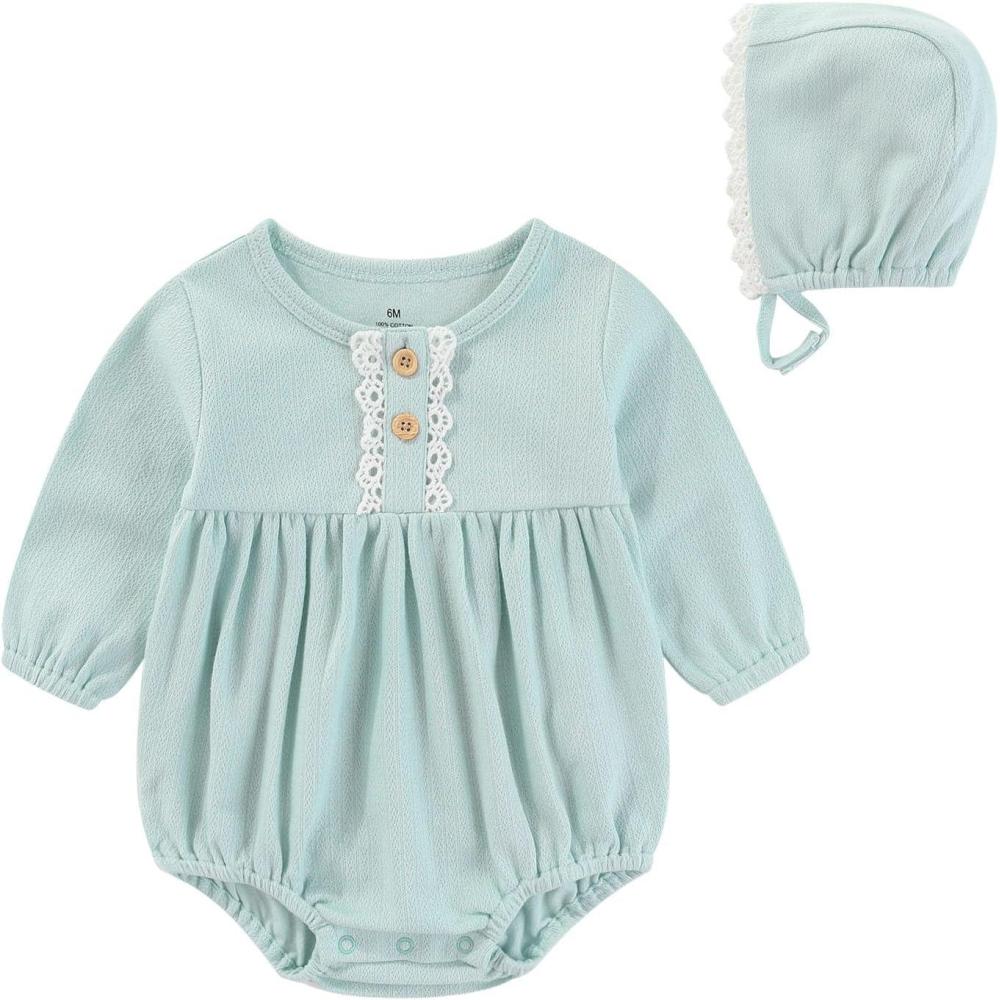 imageBaby Girls Clothes Set Cotton Floral Bodysuit Dress with Headpiece for 324 MonthsBlue Romper Hat