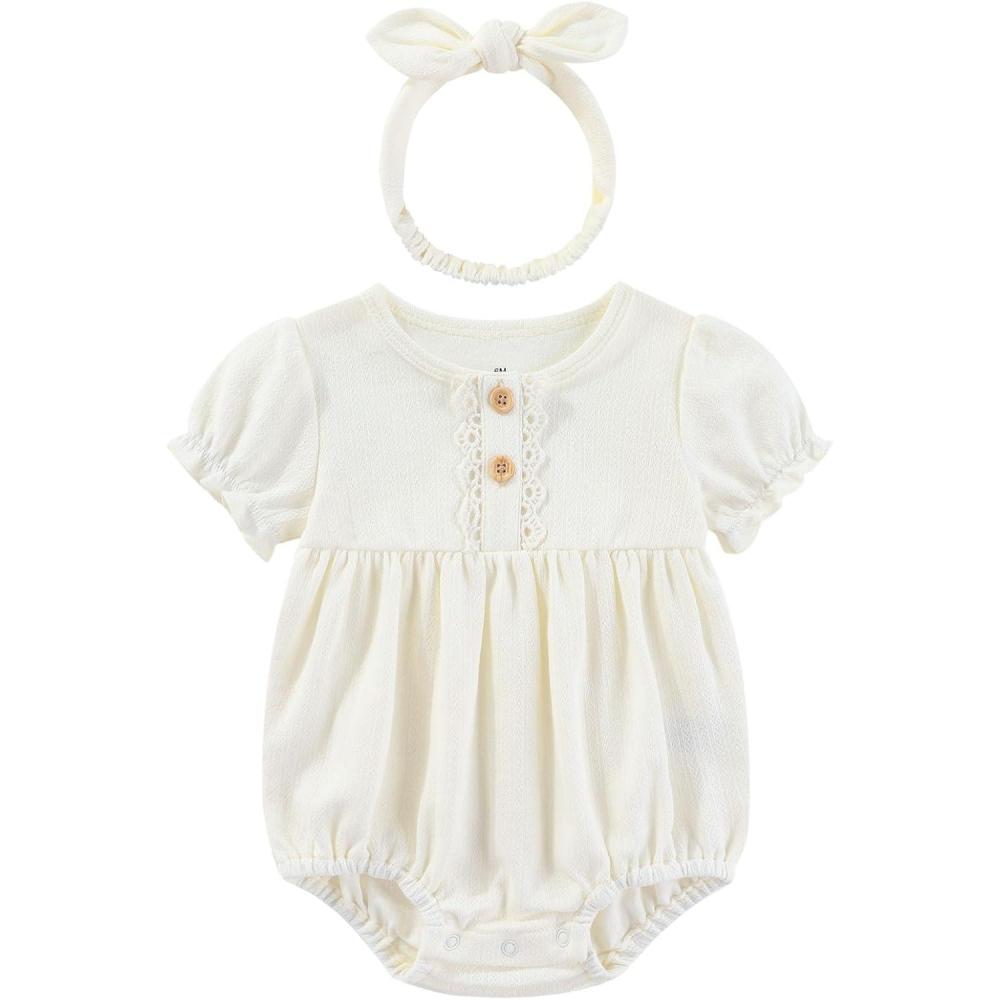 imageBaby Girls Clothes Set Cotton Floral Bodysuit Dress with Headpiece for 324 MonthsWhite Jumpsuit Bow