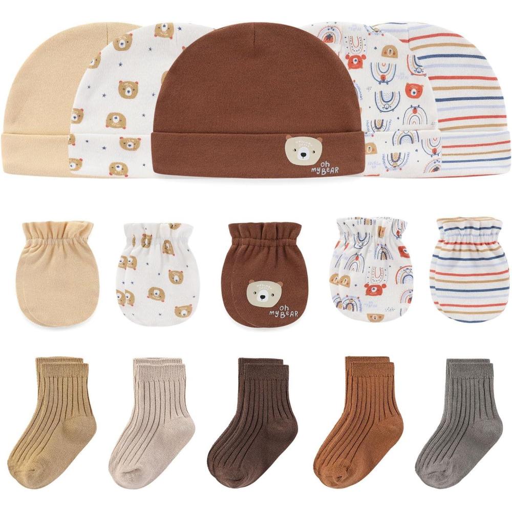 imageBaby Hats Mittens and Socks Set Cotton Newborn Hat Beanie Soft Infant Girls Boys Caps Gloves 06 monthBear Accessory Set 1taupe Socks