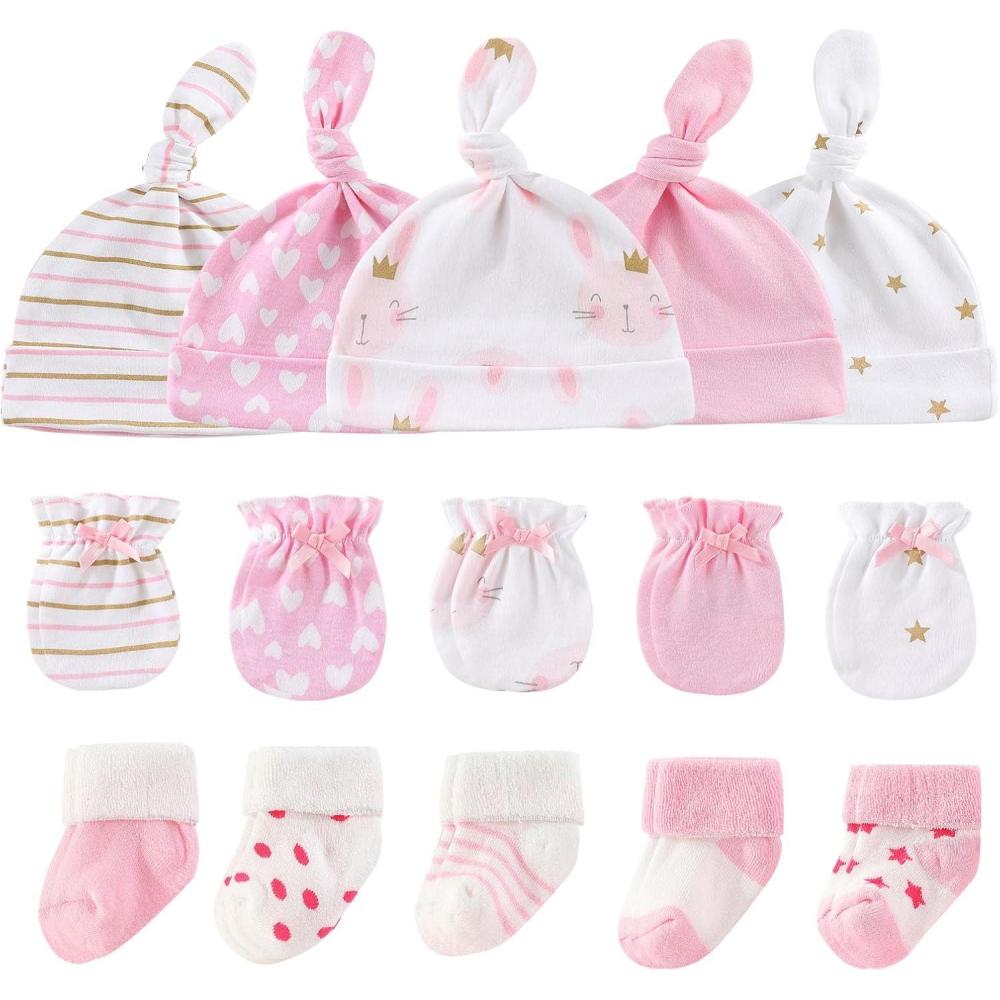 imageBaby Hats Mittens and Socks Set Cotton Newborn Hat Beanie Soft Infant Girls Boys Caps Gloves 06 monthBunny Accessory Set 1 Pink Terry Socks
