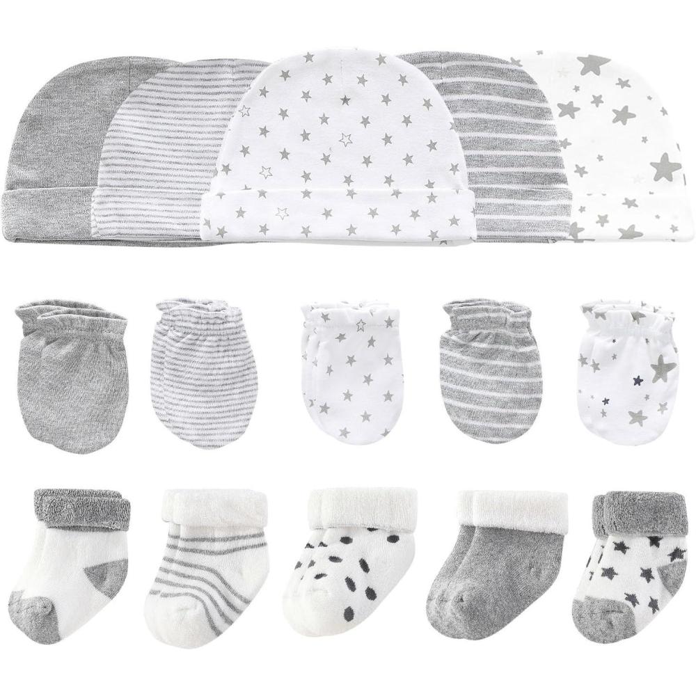 imageBaby Hats Mittens and Socks Set Cotton Newborn Hat Beanie Soft Infant Girls Boys Caps Gloves 06 monthGray Accessory Set 1  Gray Terry Socks