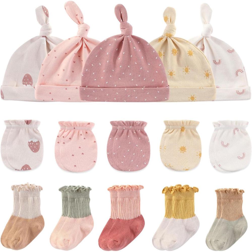 imageBaby Hats Mittens and Socks Set Cotton Newborn Hat Beanie Soft Infant Girls Boys Caps Gloves 06 monthStrawberry Accessory Set 1 Ruffled Colorful Socks