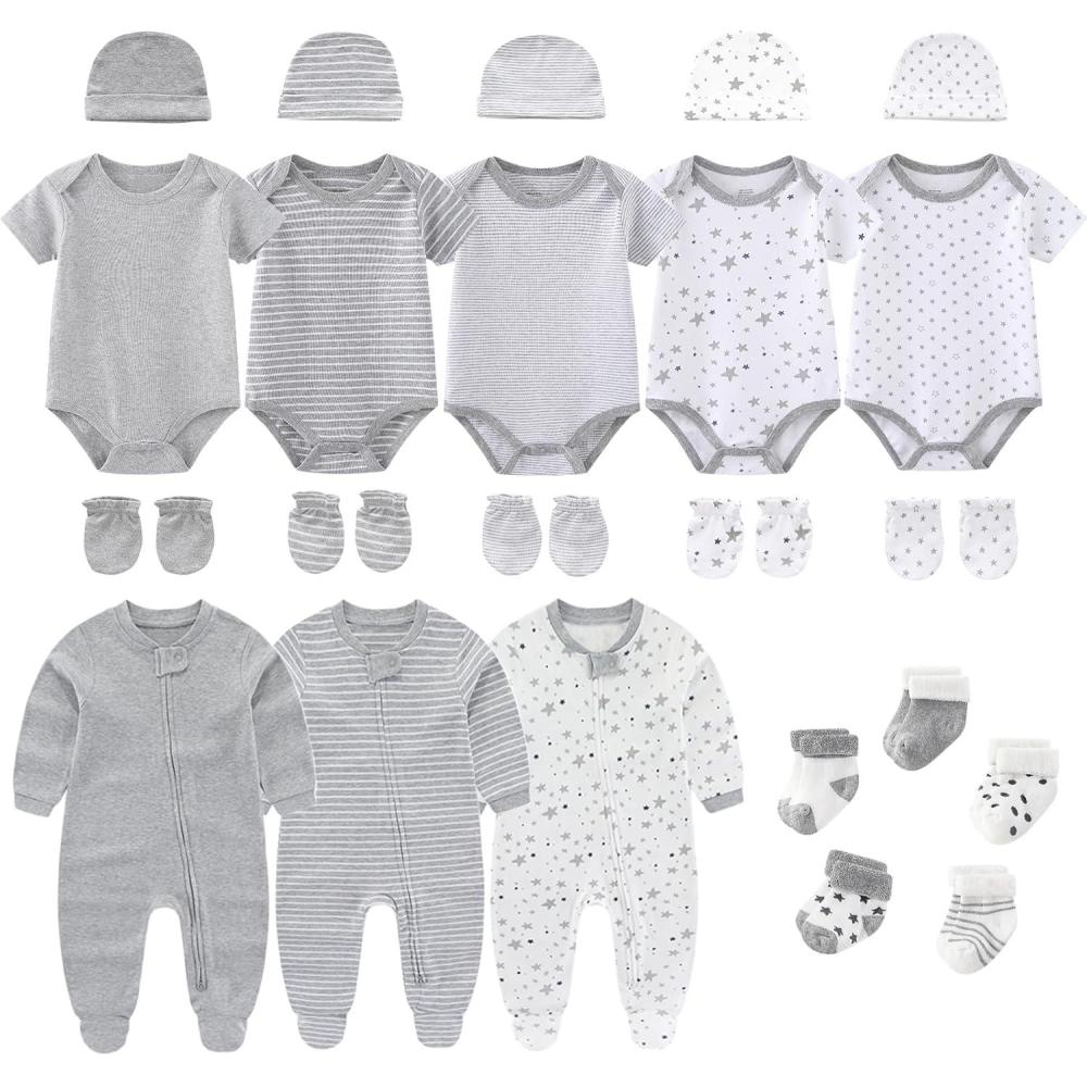 imageNew Born Baby Clothes and Newborn Boy Girl Essentials Accessories Layette SetTwo Way Zipper Gray 23 Piece Set