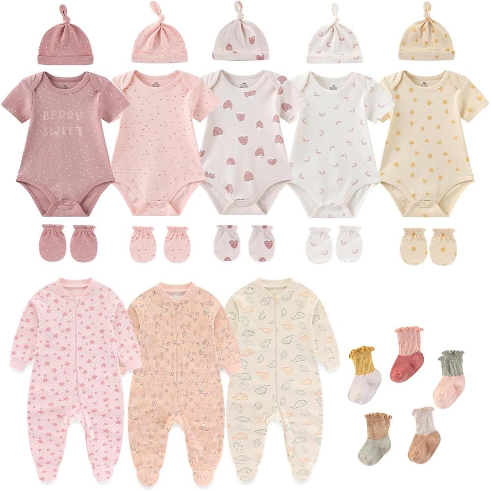 imageNew Born Baby Layette Gift Set23 Piece Cotton Girl Clothing and Essentials Accessories 012 monthTwo Way Zipper Strawberry Fox 23 Piece Set