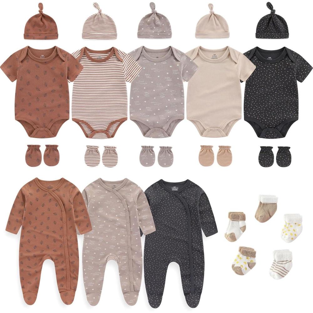 imageNew Born Clothes Cotton Layette Gift Set Unisex Baby Outfit and Accessories Newborn Essentials Must HavesCoffee Stripe 23 Piece Set