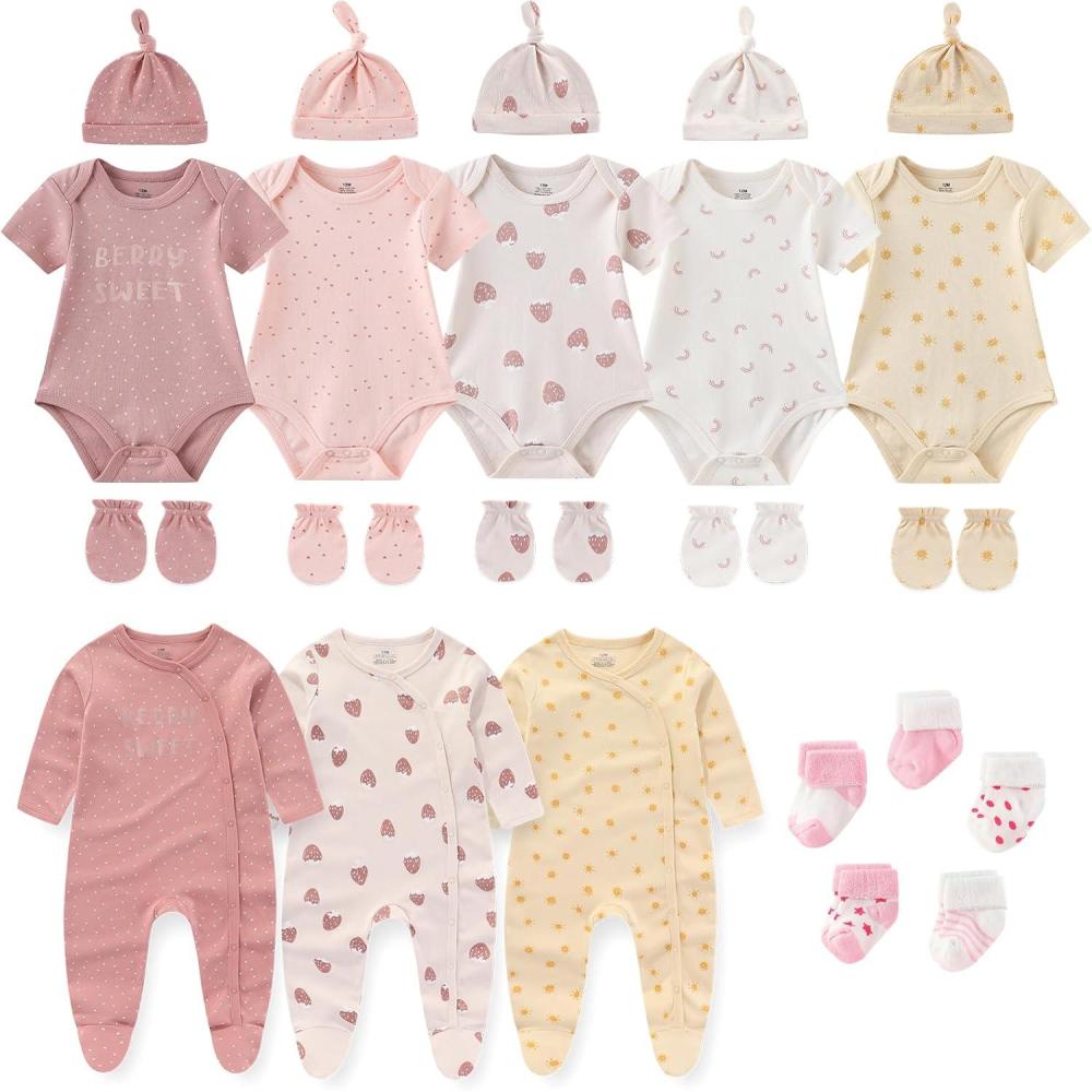 imageNew Born Clothes Cotton Layette Gift Set Unisex Baby Outfit and Accessories Newborn Essentials Must HavesStrawberry Pink 23 Piece Set