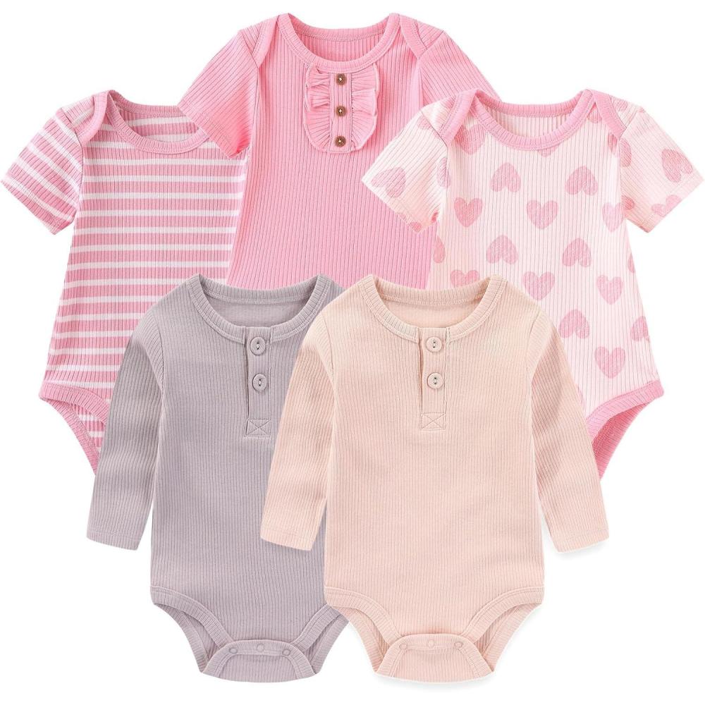 imageNewborn Baby Bodysuit 5 Pack Soft Ribbed OnePiece Outfit Clothes Sets 012 MonthPink Bodysut 5piece PurplePink