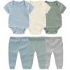 Baby Bodysuit and Pant Set 6-pcs Ribbed Soft Infant Boy Girl Clothes Outfits(Beige Blue Green Set 6 Pieces)