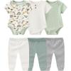Baby Bodysuit and Pant Set 6-pcs Ribbed Soft Infant Boy Girl Clothes Outfits(Dinosaur Sage Green Set 6 Pieces)