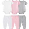 Baby Bodysuit and Pant Set 6-pcs Ribbed Soft Infant Boy Girl Clothes Outfits(Pink White Gray Set 6 Pieces)