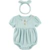 Baby Girls Clothes Set Cotton Floral Bodysuit Dress with Headpiece for 3-24 Months(Blue Jumpsuit + Bow)