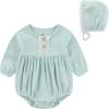 Baby Girls Clothes Set Cotton Floral Bodysuit Dress with Headpiece for 3-24 Months(Blue Romper + Hat)