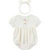 Baby Girls Clothes Set Cotton Floral Bodysuit Dress with Headpiece for 3-24 Months(White Jumpsuit + Bow)