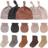 Baby Hats Mittens and Socks Set Cotton Newborn Hat Beanie Soft Infant Girls Boys Caps Gloves 0-6 month(Coffee Accessory Set 1 + Taupe Socks)