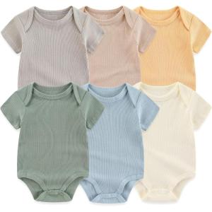 Baby Bodysuit 6 Pack Soft Mixed Ribbed Short Sleeve Romper Infant Boy Girl Clothes Set(Baby Bodysuit 6-piece Blue/Gray/Khaki/Green)