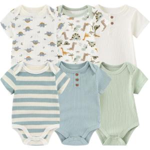 Baby Bodysuit 6 Pack Soft Mixed Ribbed Short Sleeve Romper Infant Boy Girl Clothes Set(Baby Bodysuit 6-piece Dinosaur/Turtle/Sage Green/Gray Blue)