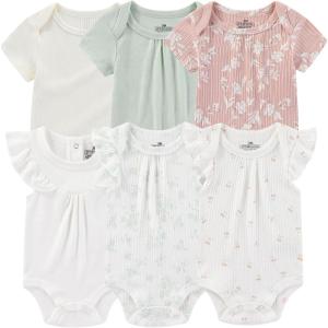 Baby Bodysuit 6 Pack Soft Mixed Ribbed Short Sleeve Romper Infant Boy Girl Clothes Set(Baby Bodysuit 6-piece Flower/White)