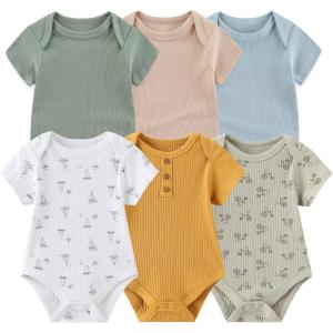 Baby Bodysuit 6 Pack Soft Mixed Ribbed Short Sleeve Romper Infant Boy Girl Clothes Set(Baby Bodysuit 6-piece Solid/Bicycle/Boat)