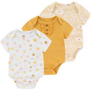 Baby Bodysuit Boy Girl Clothes Soft Newborn Infant Outfit Short Sleeve Romper(Sun/Yellow/Flower)