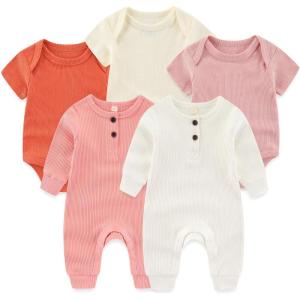 Baby Bodysuit Ribbed Romper 5-pcs Soft Unisex Boy Girl Outfit Clothes Set 0-12 momth(5-piece Romper White/Gray Blue/Turtle)
