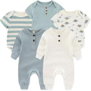 Baby Bodysuit Ribbed Romper 5-pcs Soft Unisex Boy Girl Outfit Clothes Set 0-12 momth(5-piece Romper White/Ivory/Red/Pink)