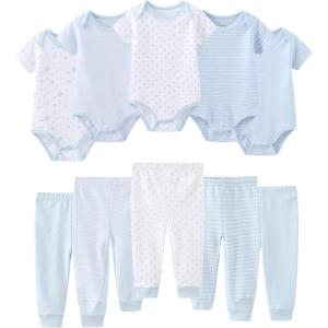 Baby Bodysuit and Pant Set 10-pcs Cotton Soft Newborn Boy Girl Clothes Outfits(Light Blue Star Stripe Set 10 Pieces)