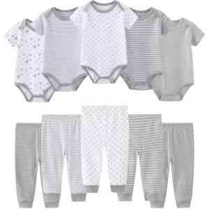 Baby Bodysuit and Pant Set 10-pcs Cotton Soft Newborn Boy Girl Clothes Outfits(Light Gray Star Stripe Set 10 Pieces)