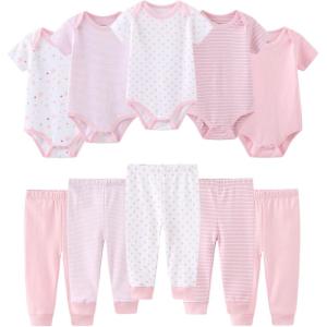 Baby Bodysuit and Pant Set 10-pcs Cotton Soft Newborn Boy Girl Clothes Outfits(Light Pink Star Stripe Set 10 Pieces)