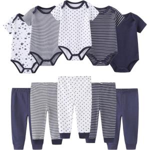 Baby Bodysuit and Pant Set 10-pcs Cotton Soft Newborn Boy Girl Clothes Outfits(Navy Blue Striped Set 10 Pieces)