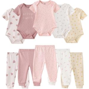 Baby Bodysuit and Pant Set 10-pcs Cotton Soft Newborn Boy Girl Clothes Outfits(Strawberry Sunshine Set 10 Pieces)