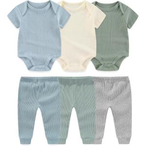 Baby Bodysuit and Pant Set 6-pcs Ribbed Soft Infant Boy Girl Clothes Outfits(Beige Blue Green Set 6 Pieces)