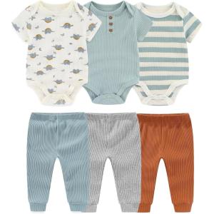 Baby Bodysuit and Pant Set 6-pcs Ribbed Soft Infant Boy Girl Clothes Outfits(Dinosaur Grey Blue Set 6 Pieces)